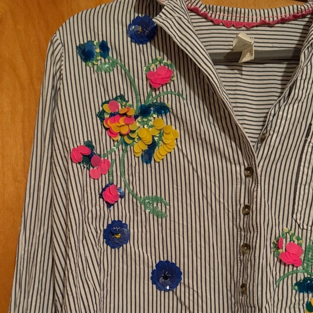 Anthropologie Maeve Striped Floral Sequin Shirt - Size 4 - Picture 9 of 13